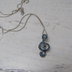 Sterling Silver Musical Note Treble Clef Necklace Sapphire Blue Crystal